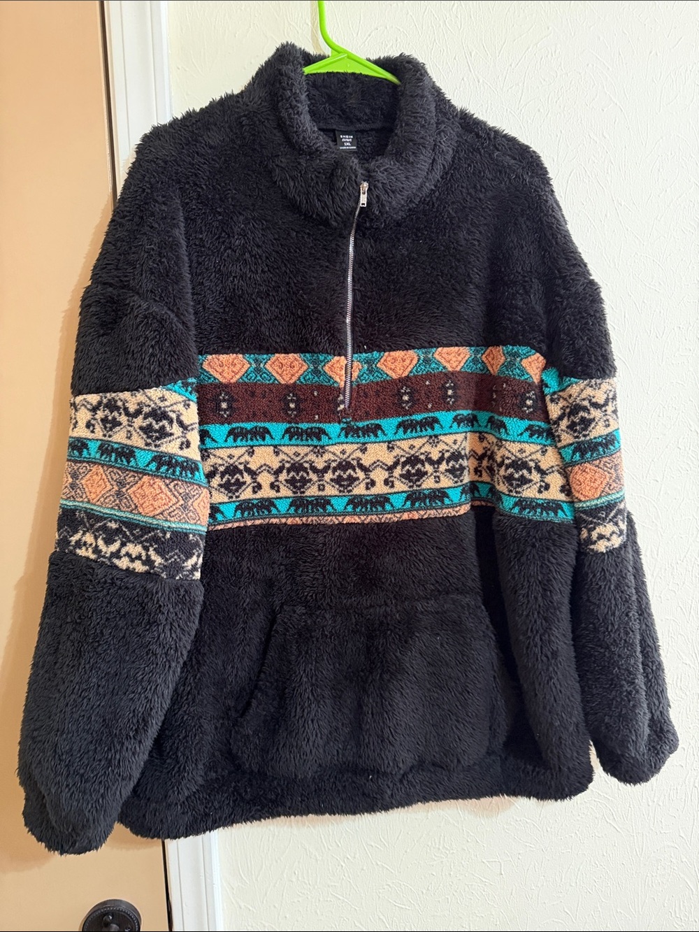 SHEIN Black Sherpa Half-Zip Sweater with Teal & Tan Fair Isle Band